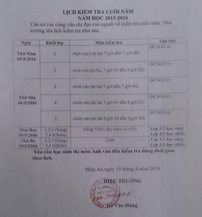 Thông báo lịch kiểm tra cuối năm học 2015 - 2016