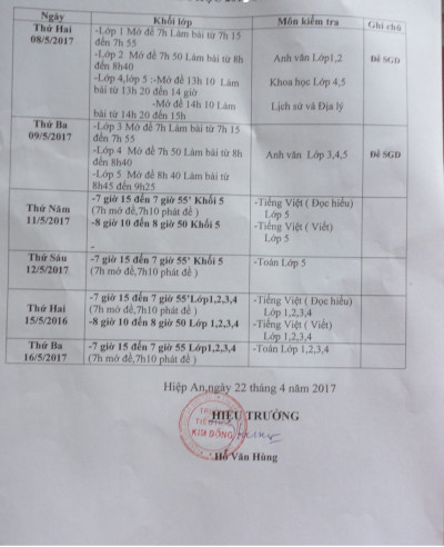 Lịch kiểm tra cuối năm học 2016 - 2017