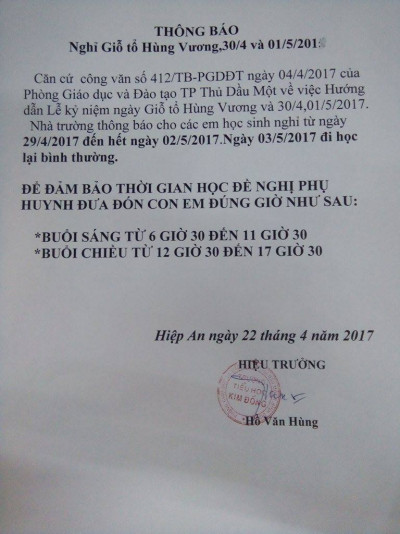 Thông báo nghỉ lễ 30/4 và 1/5/2017