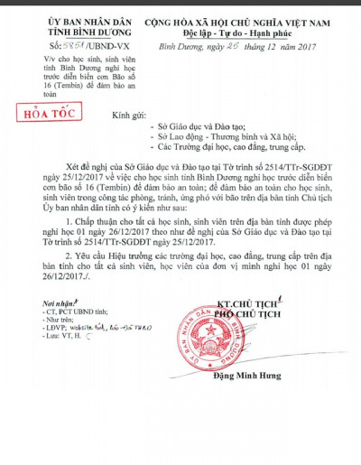 Thông báo cho học sinh nghỉ học 1 ngày trước diễn biến cơn bão Tembin