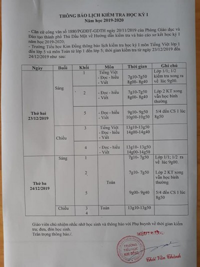 Lịch thi HK1 năm học 2019 - 2020
