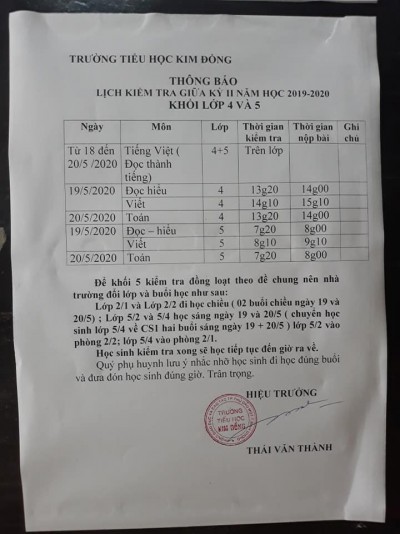 Lịch kiểm tra giữa kì 2 năm học 2019 - 2020