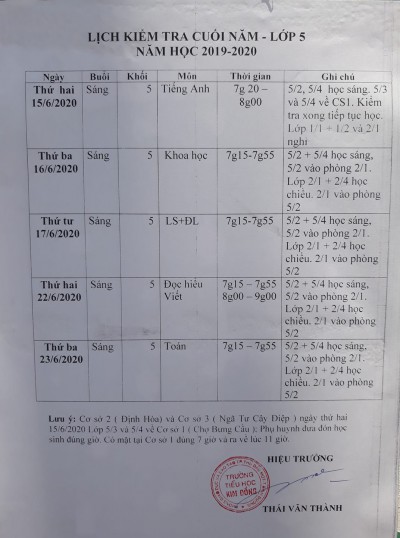Lịch thi Học kỳ 2 năm học 2019 - 2020