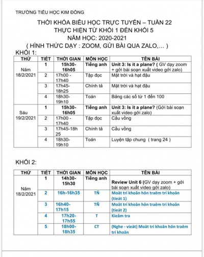 Lịch học trực tuyến tuần 22 và tuần 23