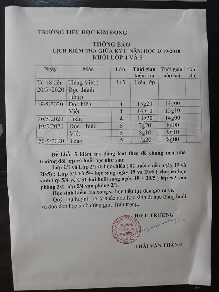 Lịch kiểm tra giữa kì 2 năm học 2019 - 2020